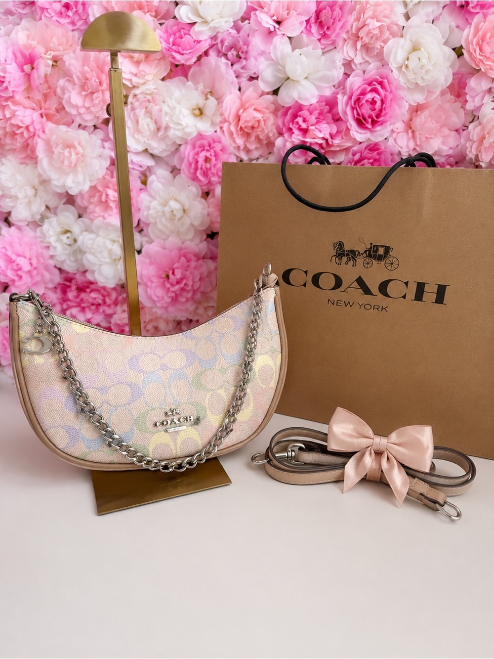 Coach Pastel Rainbow Signature Crescent Shoulder Bag - Pink/Beige - Picture 4 of 4